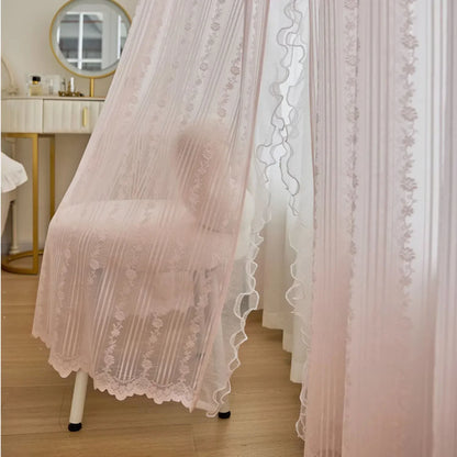 Pink Vertical Striped Rose Flower Lace With White Pearl Ruffled Tulle Curtains For Living Room Romantic Princess Bedroom Drapes