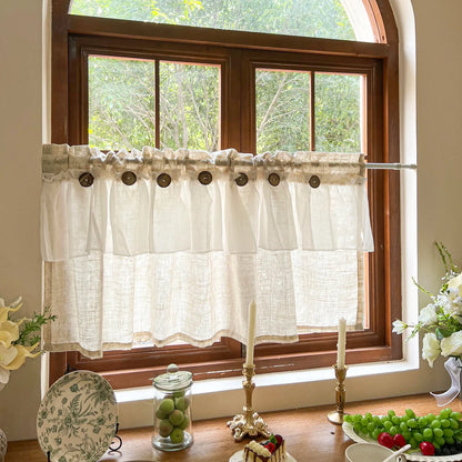 Countryside Double-layer Pleated Small Curtains For Kitchen,With Button Design Cafe Style Half Curtain,Affordable Linen Curtains
