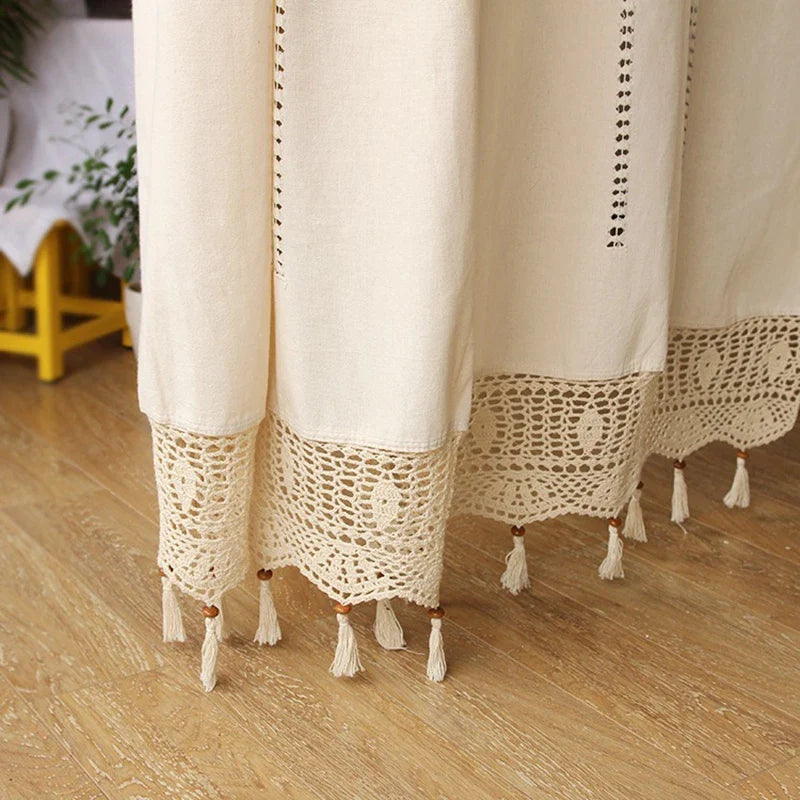 French Solid Cotton Linen Retro Hollow Curtain Handmade Crochet Bottom Stitching Blackout Window Curtain for Living Room