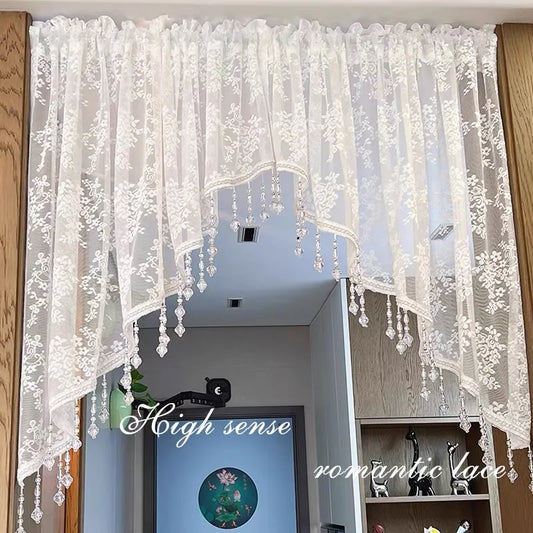 Elegant French Vintage Lace Half Curtain with Beaded Lace Triangle Design | Rod Pocket Privacy Curtain for Bedroom, Kitchen