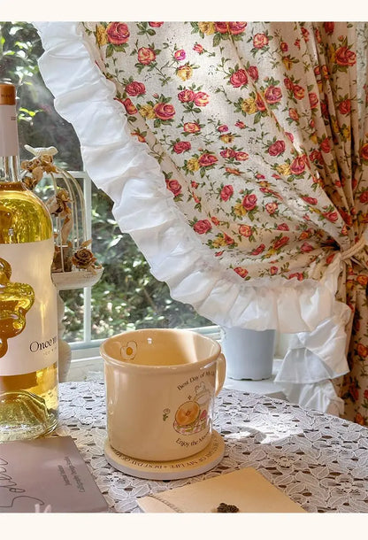 American Ruffled Edge Curtains, Lace French Countryside Style Printed Rose Bedrooms, Ins Style Bay Windows, Screen Curtains,