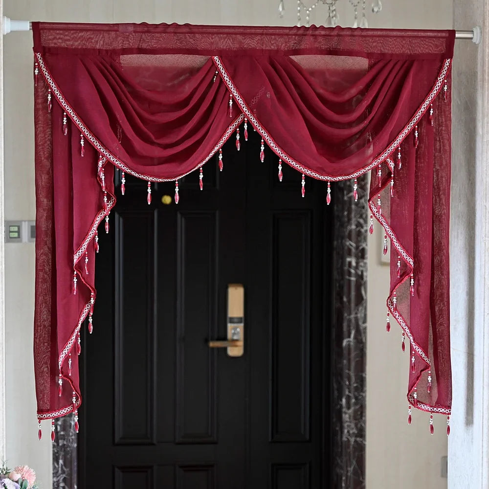White Linen Valance Curtain Head Luxury Beaded Lace Voile Valance Curtain Wavy Curtain Custom Window Panel Drape for Living Room