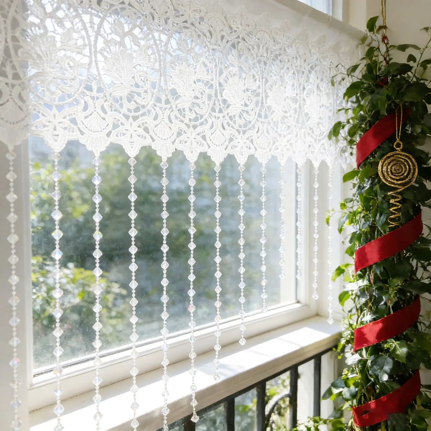 Luxury French Country Curtain with Embroidered Lace Crystal Pendants Semi-Sheer Panel,Translucent Light Filtering Window Drapery