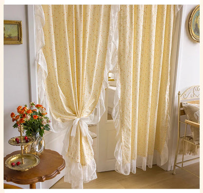 Light Yellow Daisy French Vintage Ruffle Lace Flower Semi Blackout Curtains Cotton Linen Window Door Cabinet Drapes for Bedroom