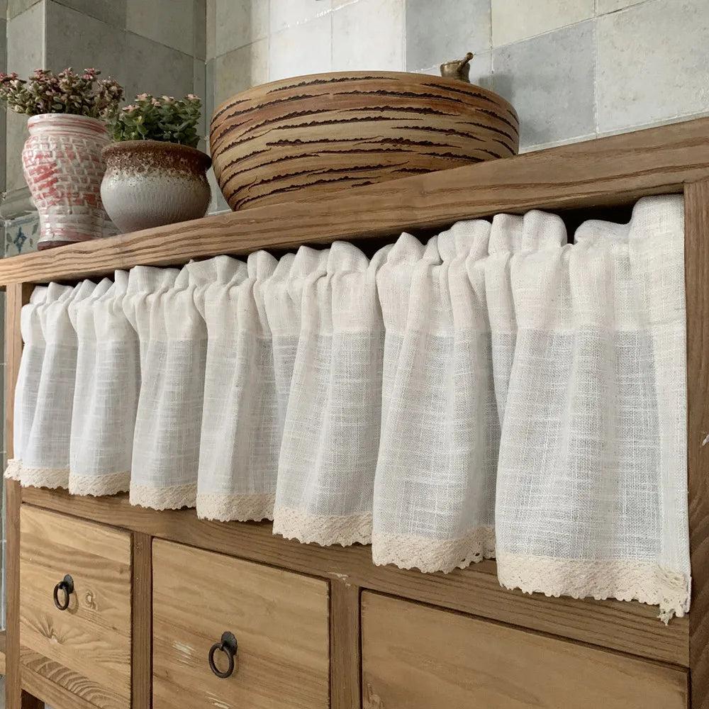 Nordic Style Short Curtains for kitchen Solid Cotton Linen Lace Hem Half Tulle Curtain Wine Cabinet Door Window Small Curtains
