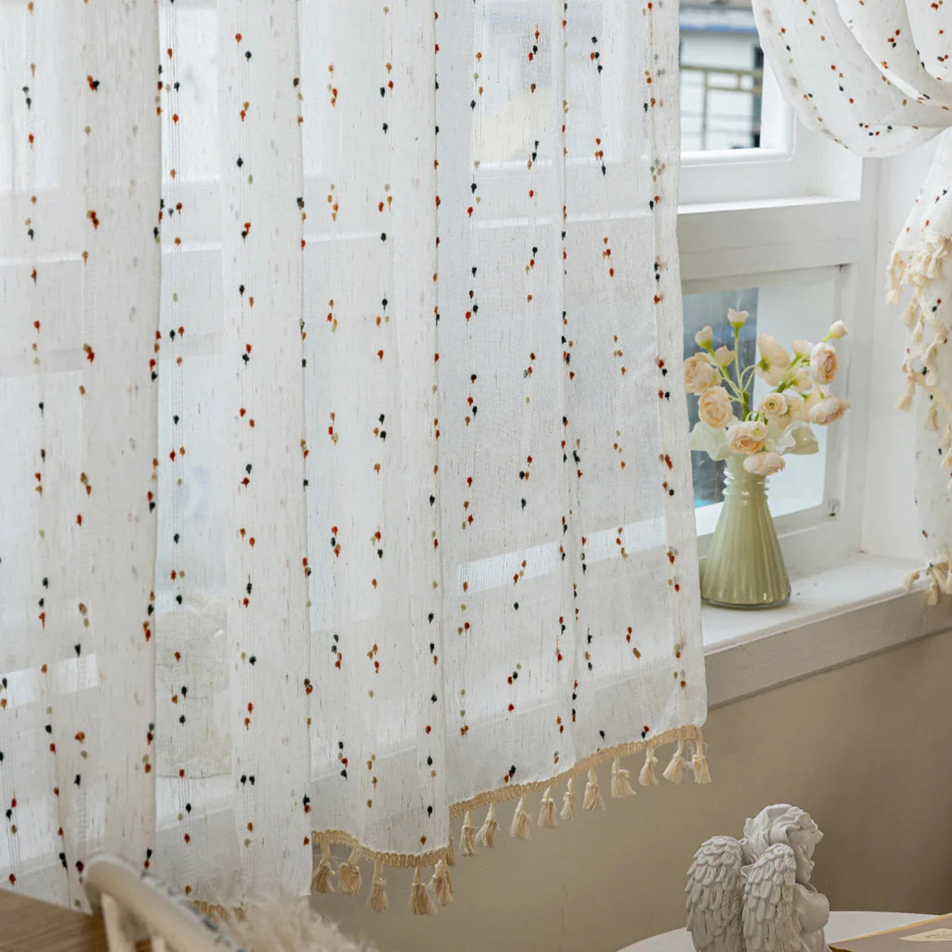 Modern Minimalist Striped Privacy Sheer Curtain, High-Quality Linen Sheer Voile with tassel Embellishment,Cute Home Drapes