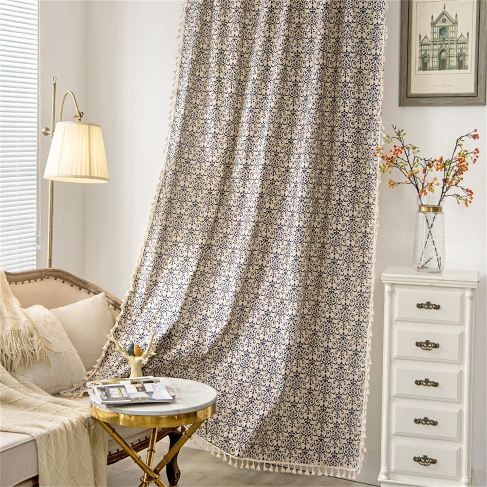 Clochef 1pc American Vintage Farmhouse Curtain Bohemian Imitation Linen Pure Hand Sewn Fringe Curtains Blue And White Porcelain