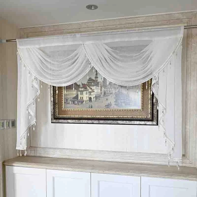 White Linen Valance Curtain Head Luxury Beaded Lace Voile Valance Curtain Wavy Curtain Custom Window Panel Drape for Living Room