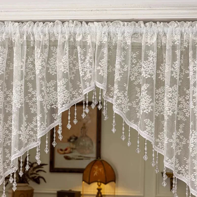 Elegant French Vintage Lace Half Curtain with Beaded Lace Triangle Design | Rod Pocket Privacy Curtain for Bedroom, Kitchen