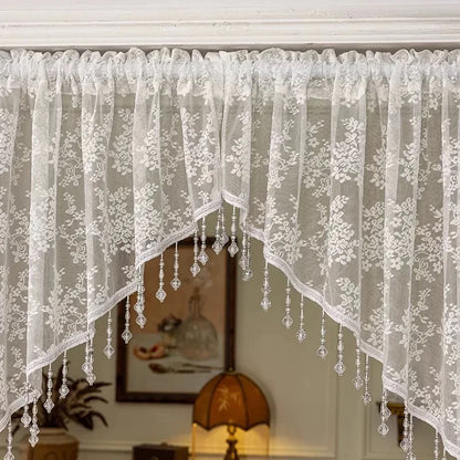 Elegant French Vintage Lace Half Curtain with Beaded Lace Triangle Design | Rod Pocket Privacy Curtain for Bedroom, Kitchen