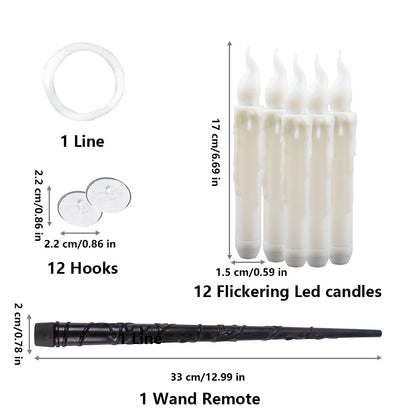 12pcs Flying Flameless LED Taper Candles with Wand Hanging Floating Candles Warm White Light for Halloween Christmas Party Decor