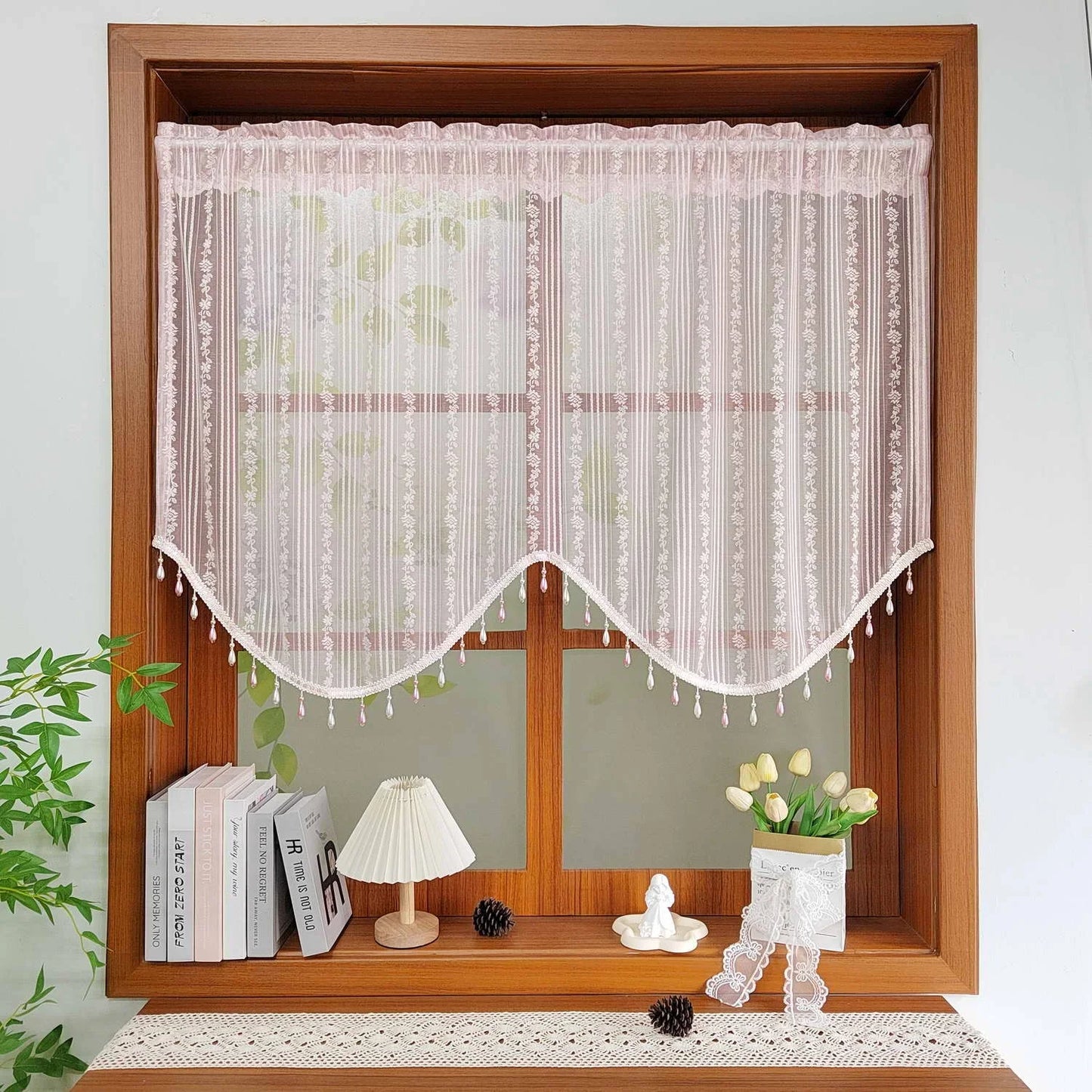 1PC Pink Floral Lace Beaded Jacquard Sheer Curtain for Living Room Kitchen Small Window Drape Cafe Study Blinds