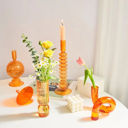 Nordic Orange Glass Taper Candle Holder Creative Home Decor Wedding Party Dinner Candlelight Decoration Living Room Candlestick