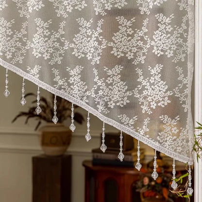 Elegant French Vintage Lace Half Curtain with Beaded Lace Triangle Design | Rod Pocket Privacy Curtain for Bedroom, Kitchen