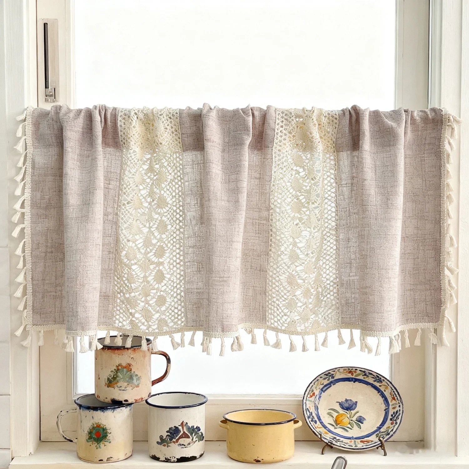 Bohemian Crochet Lace Kitchen Curtain with Tassel Trim, Spliced Design Boho Curtains for Window Panel Light Filtering Drape