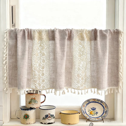 Bohemian Crochet Lace Kitchen Curtain with Tassel Trim, Spliced Design Boho Curtains for Window Panel Light Filtering Drape