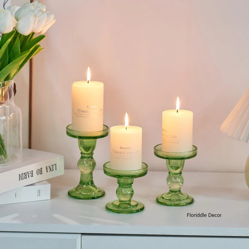 European Style Green Glass Candlestick  Decoration Accessories Vintage Crystal Candle Holders Wedding Decorative Home Decor