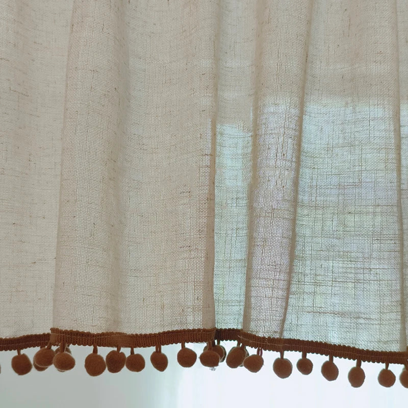 Kitchen Curtains Faux Linen Textured Small Cafe Window Curtain with Pom Pom Over Sink Light Filtering Short Curtain for Bathroom