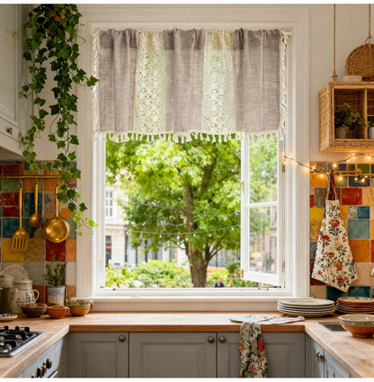 Bohemian Crochet Lace Kitchen Curtain with Tassel Trim, Spliced Design Boho Curtains for Window Panel Light Filtering Drape