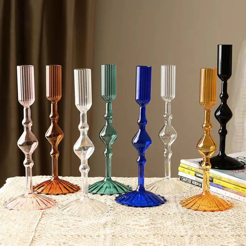 Retro Glass Candle Holder Wedding Supplies Candlelight Dinner Candlestick Props Ornament High Footed Candlestick Home Decoration