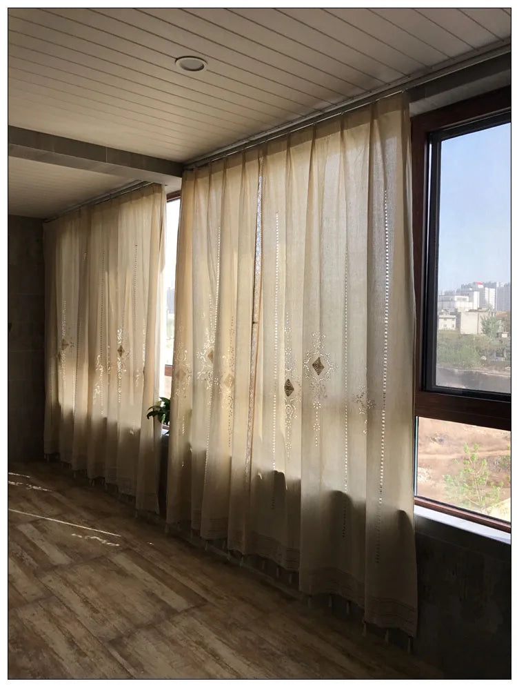Linen Hollow Solid Curtain Handmade Crochet Bottom Stitching 70% Blackout Window Curtain Customizable for Living Room