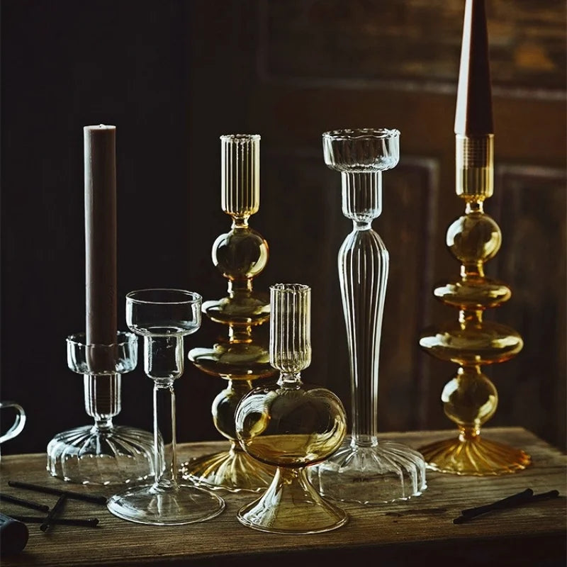 Vintage Glass French Style Candlestick Crystal Glass Candle Holders Simple Wedding Romantic Candlelight Dinner Home Decoration