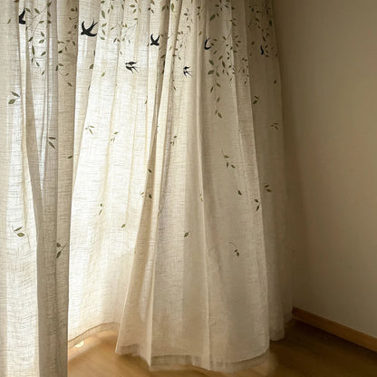 French Embroidered Bird Linen Curtain For Living Room, Privacy Sheer Curtain For Bedroom, Machine Washable .Easy Install Curtain