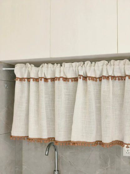 Kitchen Curtains Faux Linen Textured Small Cafe Window Curtain with Pom Pom Over Sink Light Filtering Short Curtain for Bathroom