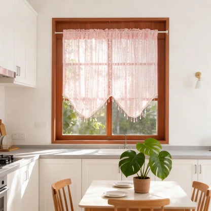 1PC Pink Floral Lace Beaded Jacquard Sheer Curtain for Living Room Kitchen Small Window Drape Cafe Study Blinds