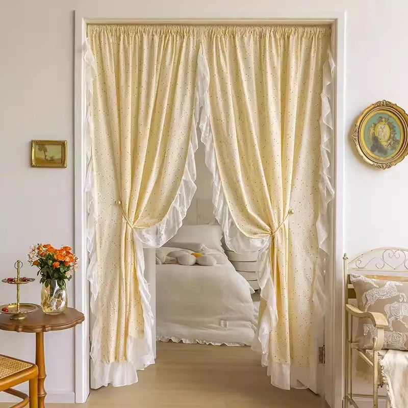 Light Yellow Daisy French Vintage Ruffle Lace Flower Semi Blackout Curtains Cotton Linen Window Door Cabinet Drapes for Bedroom