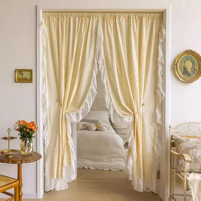 Light Yellow Daisy French Vintage Ruffle Lace Flower Semi Blackout Curtains Cotton Linen Window Door Cabinet Drapes for Bedroom
