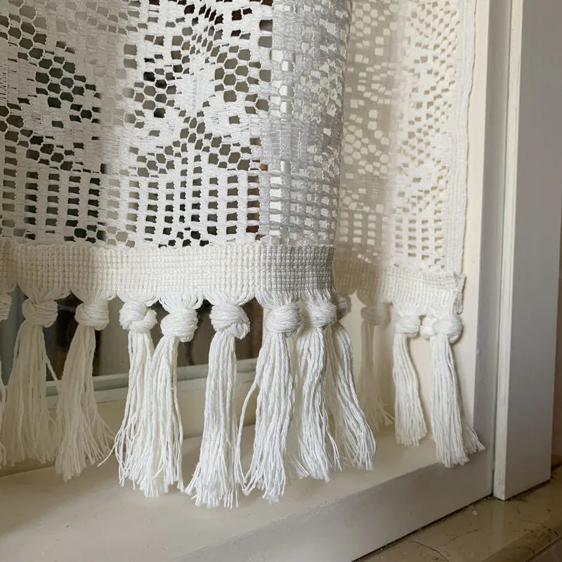 Nordic hollow lace gauze curtain fringed rural retro partition cotton and linen curtain