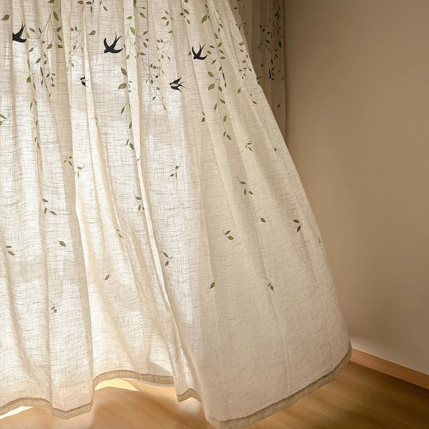 French Embroidered Bird Linen Curtain For Living Room, Privacy Sheer Curtain For Bedroom, Machine Washable .Easy Install Curtain