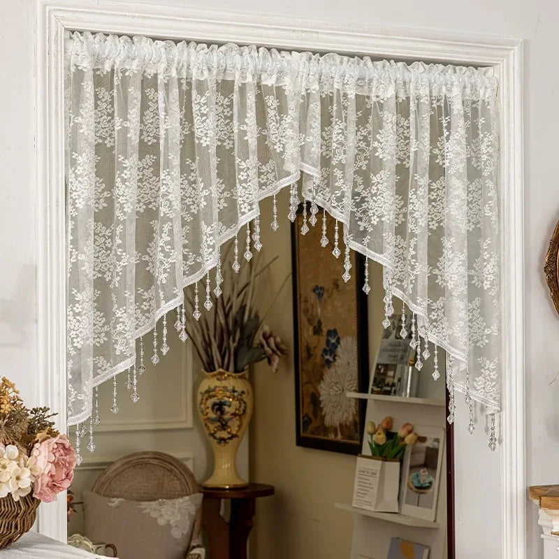 Elegant French Vintage Lace Half Curtain with Beaded Lace Triangle Design | Rod Pocket Privacy Curtain for Bedroom, Kitchen