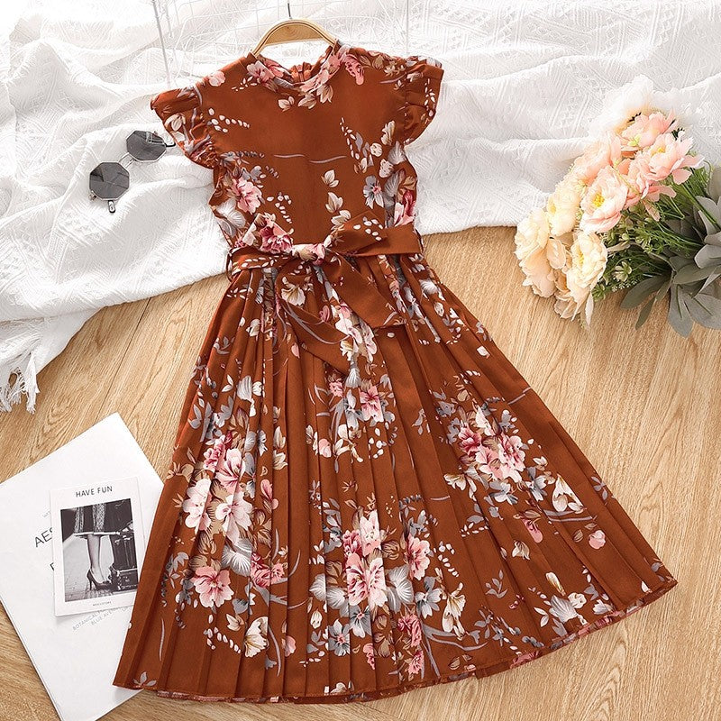 Girl's Lace-Up Printed Dash Sleeve Dress