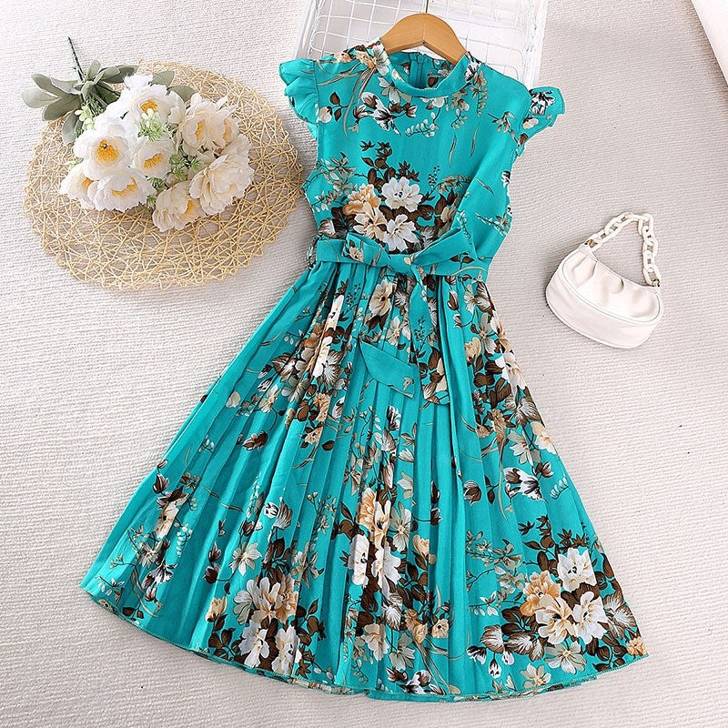 Girl's Lace-Up Printed Dash Sleeve Dress