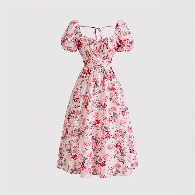 Printed Bubble Sleeve Midi Dress