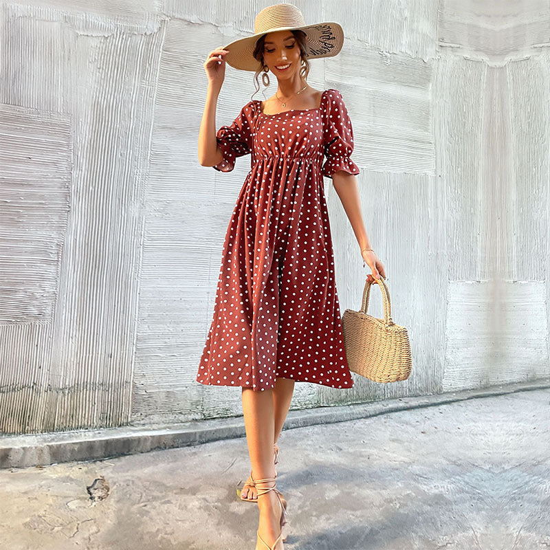 Puff Sleeves Square Neck Midi Dress