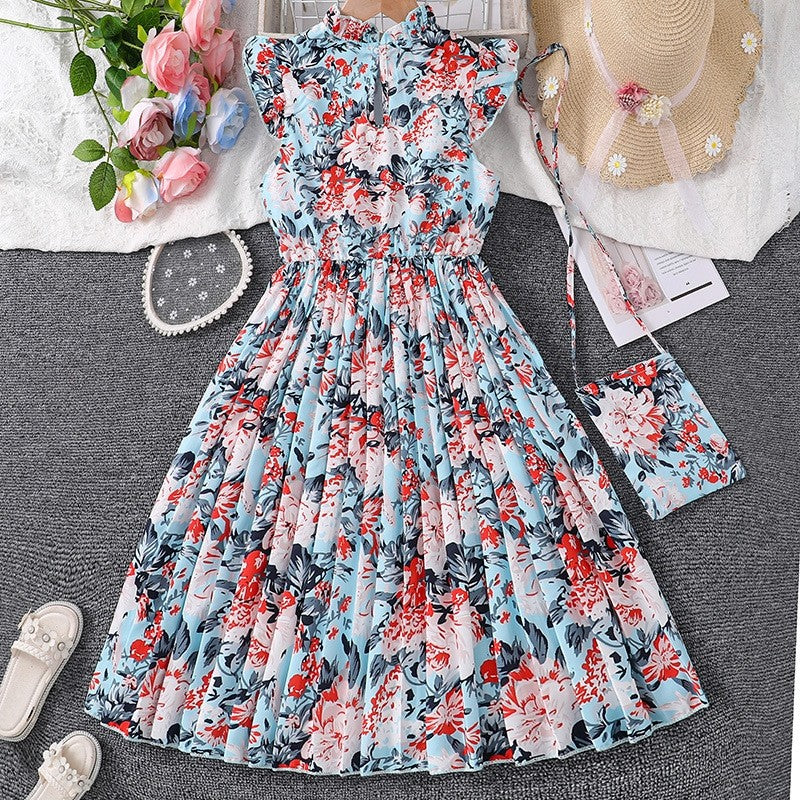 Fly Sleeve Printed Pleated Princess Dress
