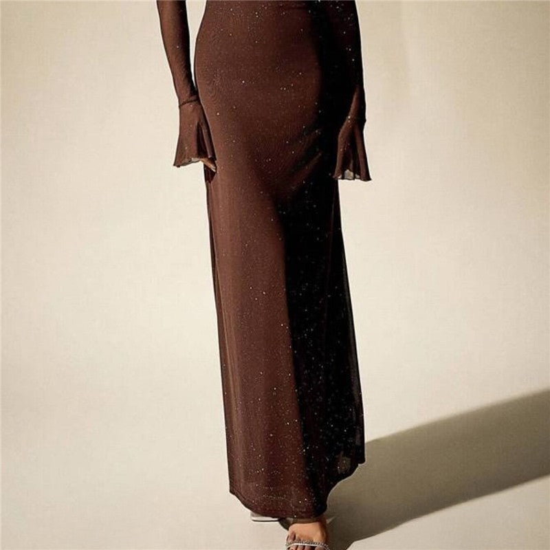 Sparkly One Shoulder Long Sleeve Solid Dress