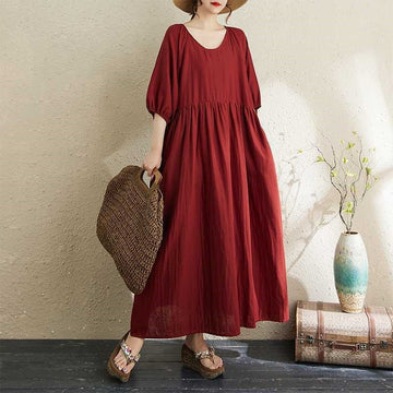 Double Gauze Round Neck Lantern Sleeve Loose Dress