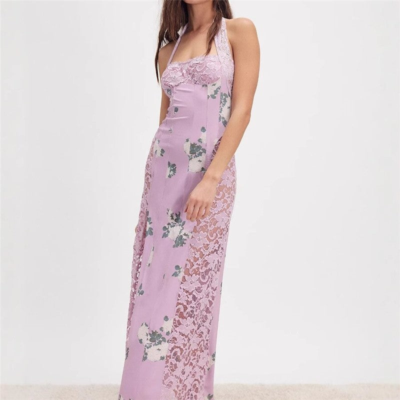 Lace Back Slit Print Maxi Dress