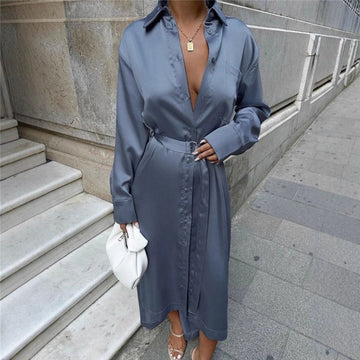 Solid Satin Belted A Line Shirt Dress