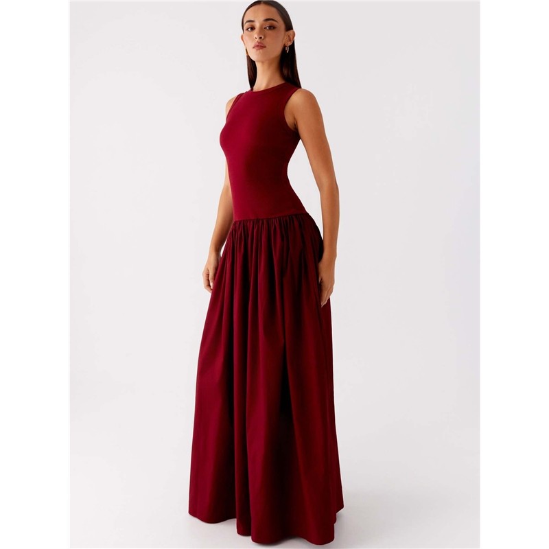 Solid Color Waist Sleeveless Long Dress