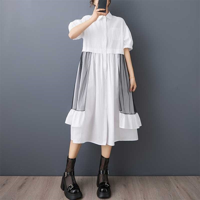 Asymmetrical Mesh Paneled Shirt Dress