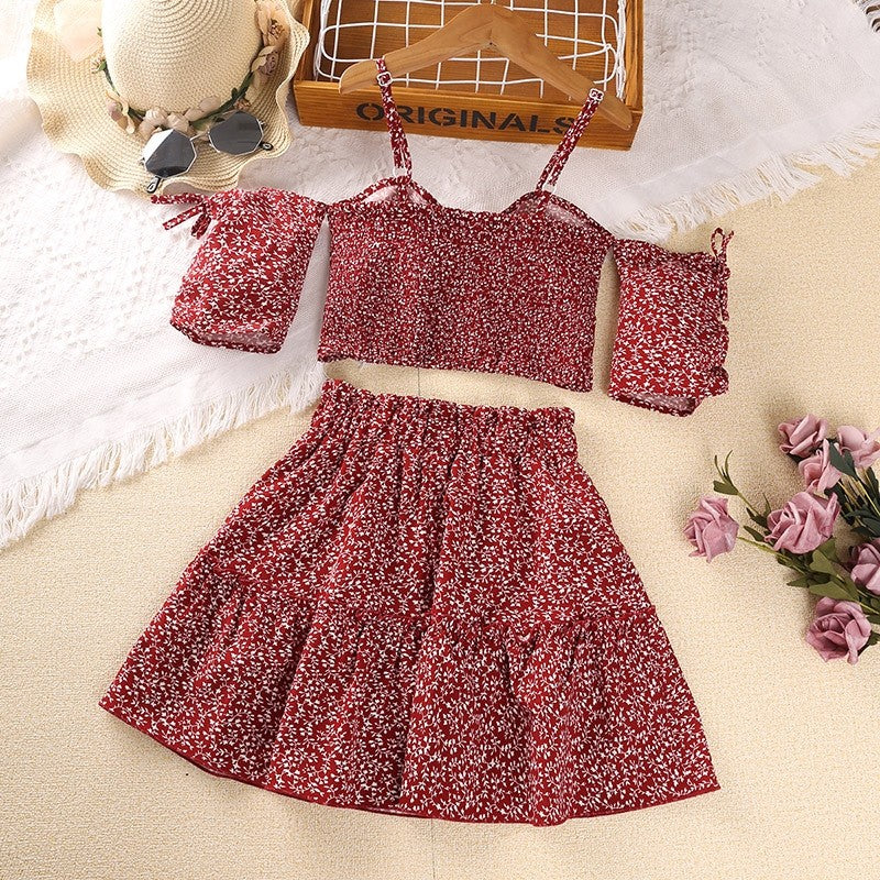 Floral Halter Drawstring Short Sleeve Half Skirt Girl's Set