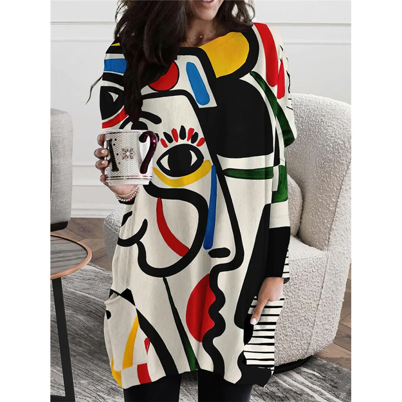 Long Sleeves Loose Abstract Printed Contrast Color Figure Printed Round-neck T-Shirts Tops