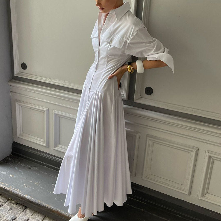 Pleated Button Down Collar Long Sleeve Shirt Dress