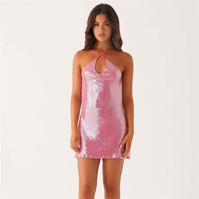 Backless Halter Sequin Bodycon Mini Dress
