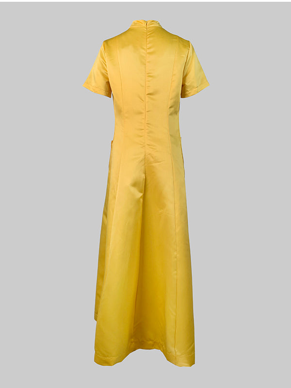 Short Sleeves Pockets Solid Color Split-Joint Stand Collar Maxi Dresses